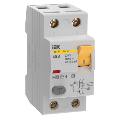 Выключатель дифференциальный (УЗО) IEK KARAT ВД3-63 2P 40А 300мА 6кА тип AC