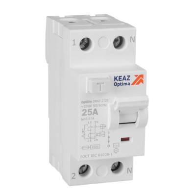 Выключатель дифференциального тока (УЗО) КЭАЗ OptiDin DM63-2125-AC-4,5-УХЛ4 без защиты от сверхтоков 2П 25А 10мА AС 4,5кА