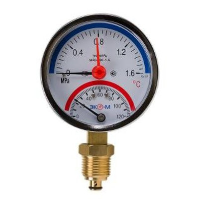 Термоманометр Экомера МД04-80мм 0..1,6МПа 0..120С G1\4 с переходником на G1\2