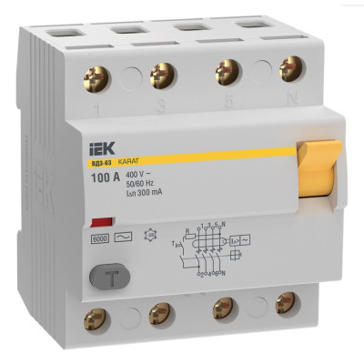 Выключатель дифференциальный (УЗО) IEK KARAT ВД3-63 4P 100А 300мА 6кА тип AC