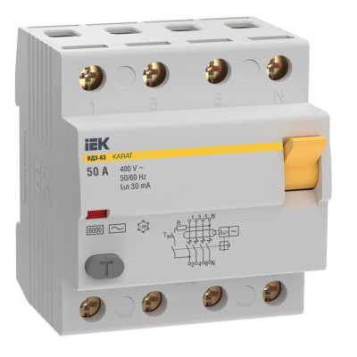 Выключатель дифференциальный (УЗО) IEK KARAT ВД3-63 4P 50А 30мА 6кА тип AC